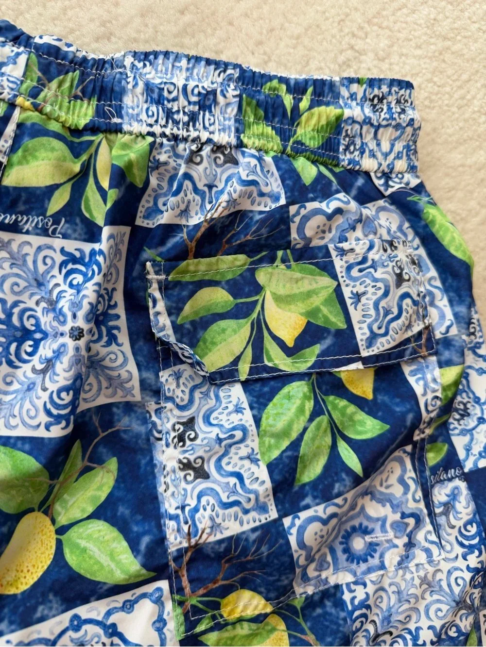 Umberto Carro Positano Blue Lemon Tile Print Swim Trunks